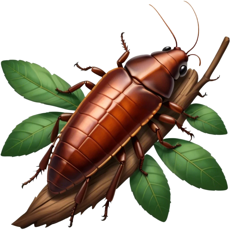 Giant Madagascar cockroaches perched on a branch, showcasing their large, shiny bodies and unique texture. The background includes soft lighting with a natural, leafy atmosphere. Transparent background. emoji