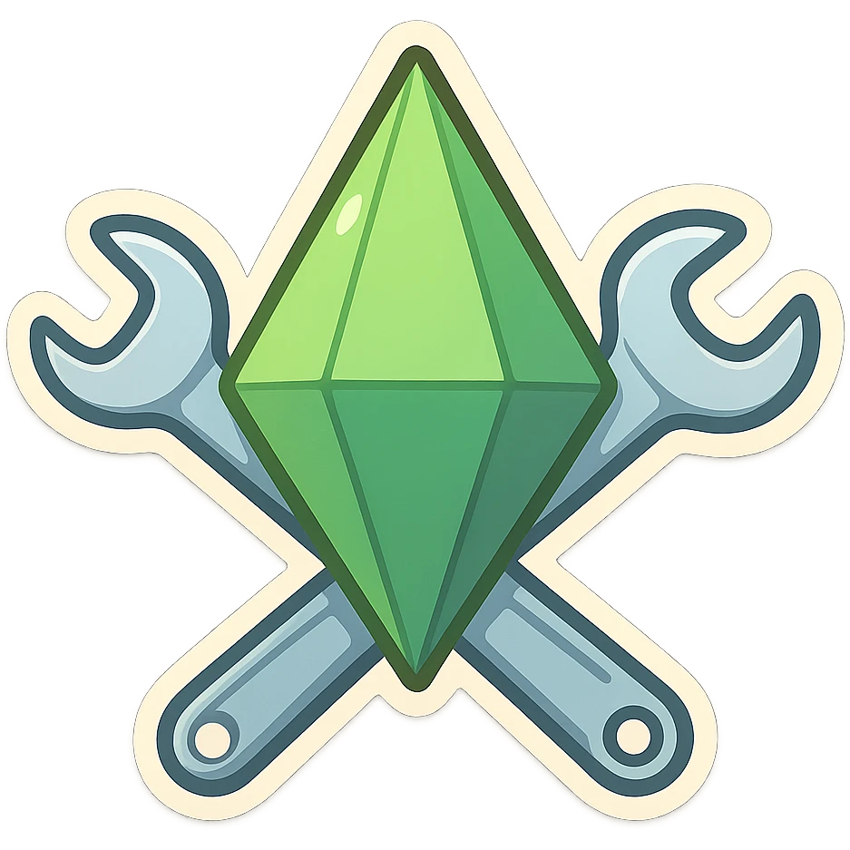 plumbob and wrench crossed like an emblem, chibi stickers style, cartoonish emoji