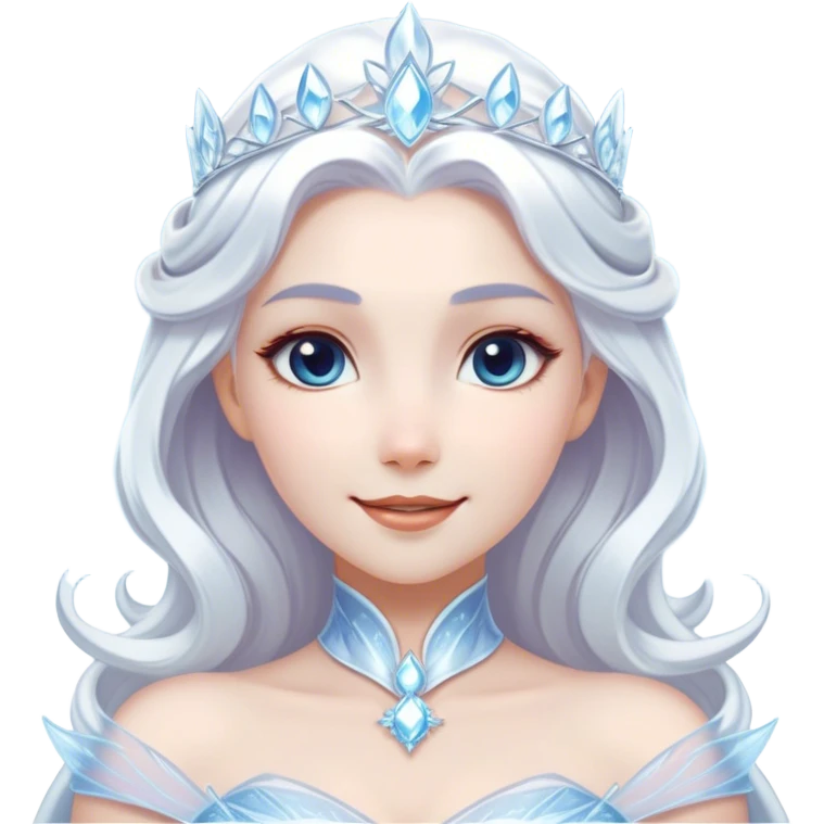 Cinematic Radiant Snow Queen Portrait Emoji, rendered in a realistic, vector style with clean proportions. Show Elsa with a gentle, confident smile, icy pale skin, and luxuriously styled platinum hair, her expression calm and regal. The image glows with a soft, enchanting icy luminescence, high shine, and is accented by a soft glowing outline that enhances her ethereal beauty. emoji