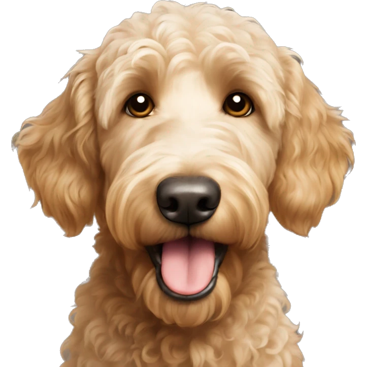 Golden doodle dog showing tongue white head brown ears and brown patch on head emoji