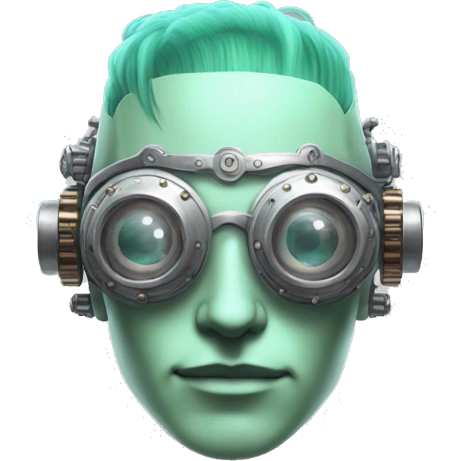 Pastel green haired male cyborg head with silver steampunk goggles emoji