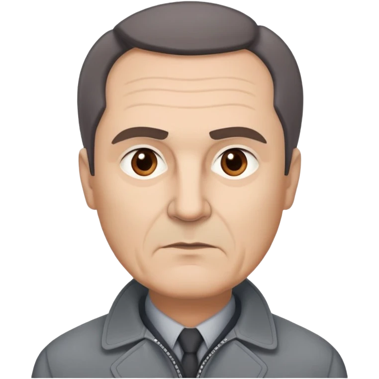 Actor in his 60s with light skin, round face, broad cheekbones. Expressive dark brown eyes, slightly arched thick eyebrows. Short brown hair combed to the side with visible receding hairline. Serious expression. Wearing a professional gray jacket. emoji