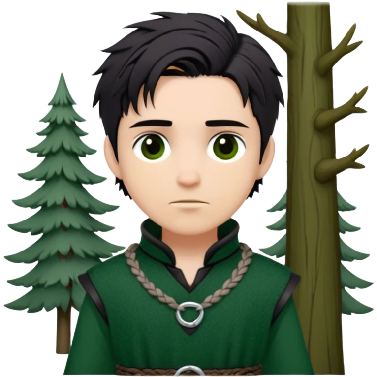 Medieval spring outfit worn by a DnD themed fantasy male character. Forest green wool tunic with silver thread detailing at the collar, secured with a braided leather belt. Clothes only above the waist, full waist coverage. The character has no arms. Character is white-skinned with raven-black hair, deep brown eyes, and tousled short hair. emoji
