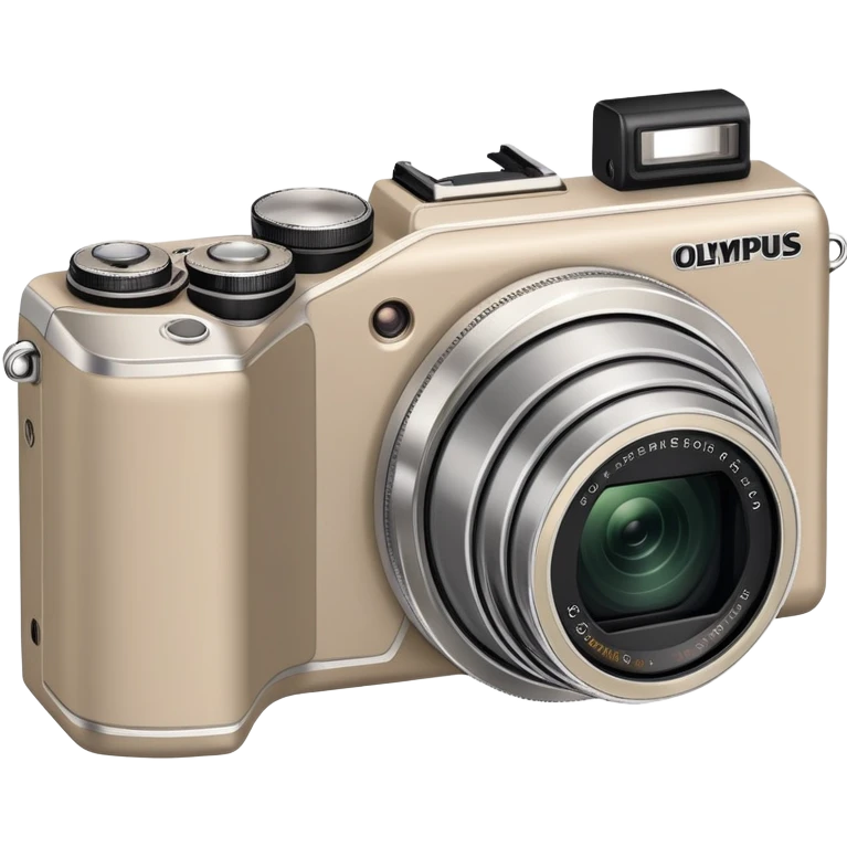 Minimal Olympus Superzoom 70G camera from slight top angle, grayish-beige color, simplified shape with subtle indication of basic camera features emoji