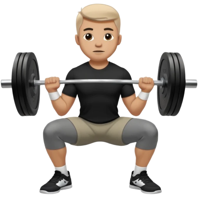 Hombre vestido con playera negra, pants gris y tenis blancos tipo jordan haciendo sentadilla libre con barra con un disco de 20 kilos por lado  emoji
