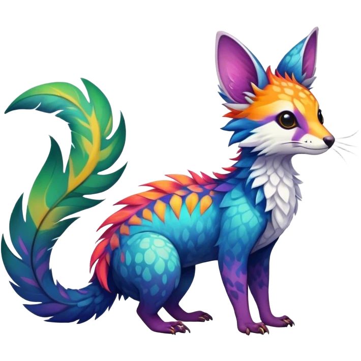 Feral Rare Fantasy vibrant colorful tropical Vernid-Trico-species by LiLaiRa, random markings, tufted tail, tufted ears, full body emoji
