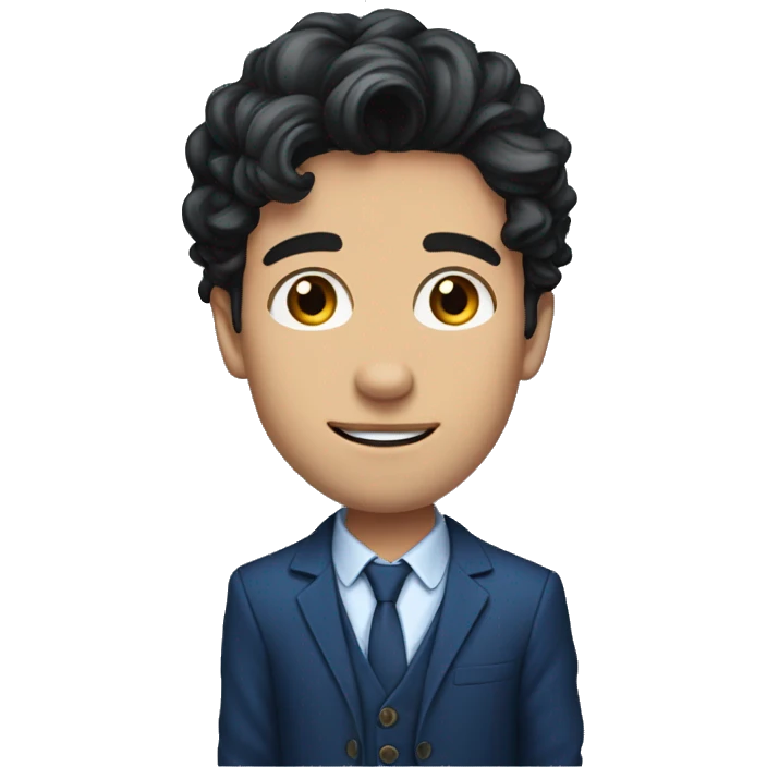 26 year old male portrait, small yes, black wavy hair, blue suits, emoji