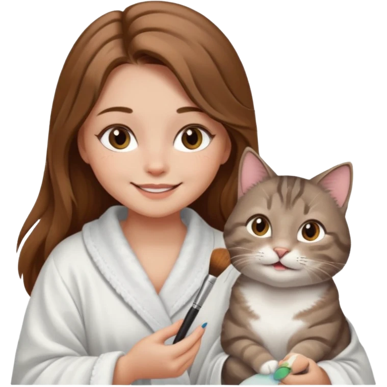 A image of a girl with light long brown hair doing her makeup with her chubby grey tabby cat. She is smiling emoji