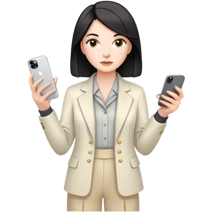 pale skin woman with dark Straightened bob Hair, White Spacious classical jacket, beige palazzo Arrow pants and gray blouse holding white IPhone 14 pro in the hands emoji