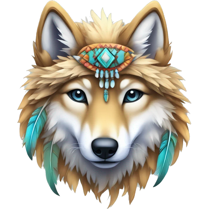 Fluffy Shy Colorful Spiritual Shamanic Wolf With Shiny Tribal Markings wearing feathers Full Body emoji
