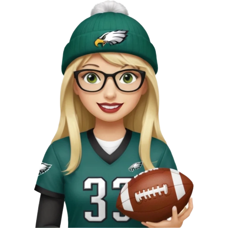 full length women wearing eagles uniform, long blonde hair, styled bangs, green eyes, black rectangle glasses, holding football, number 33, smiling, lipstick, eagles beanie emoji