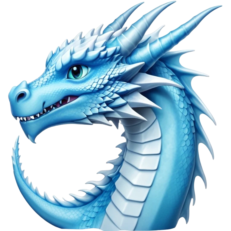 Cinematic Noble elegant Ice Dragon Portrait Emoji, Poised and imposing, distinct long elegant snout, with a slender, scaled body shimmering in glacial hues of icy blue, frostbitten silver, and crystalline white, breathing out frost, with piercing, glowing ice blue white eyes that radiate the chilling depths of an arctic storm; rendered in detail. emoji