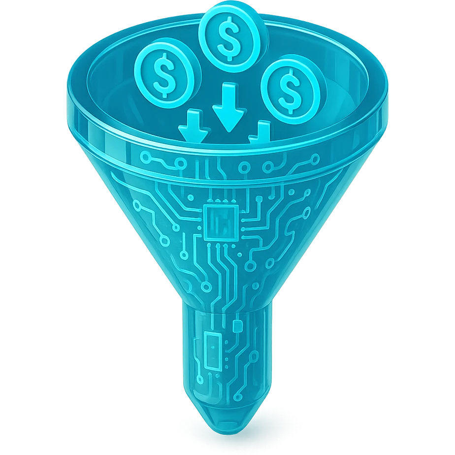 Flat icon of a funnel with coins and arrows, cyan blue emoji