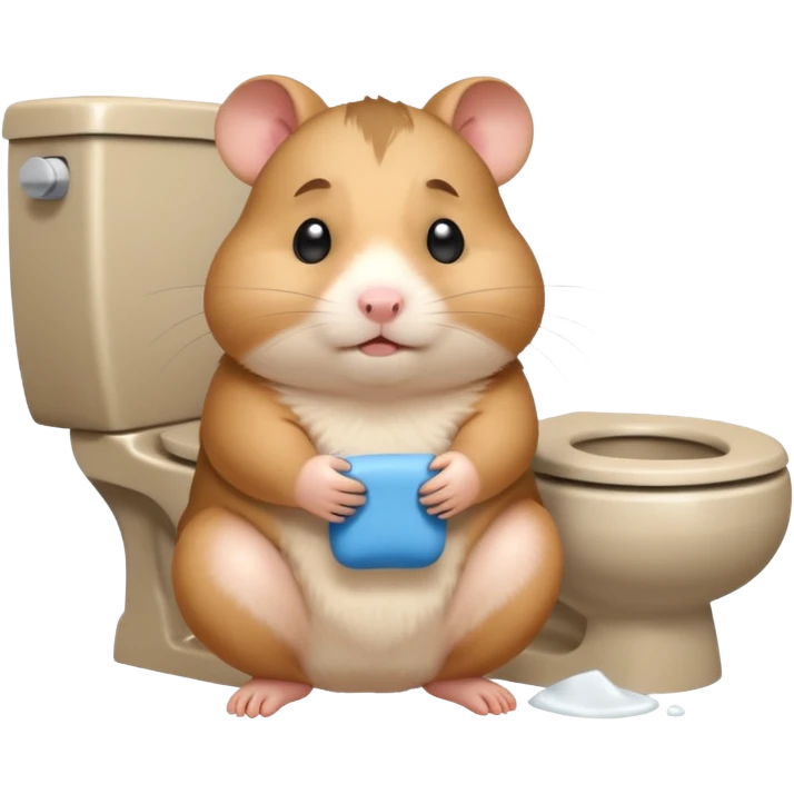 Cute chubby cartoon-style hamster sitting on toilet pooping looking as if he had an accident emoji