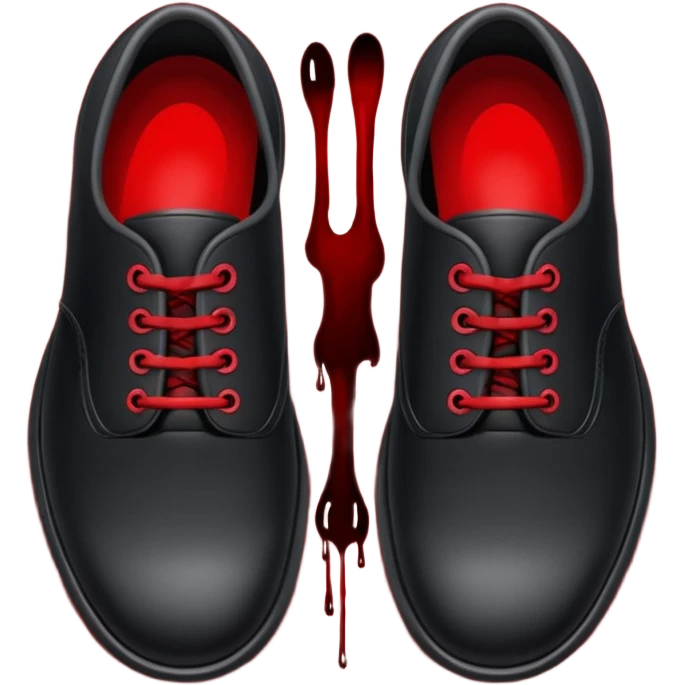 Minimalist emoji-style sticker of two black shoes standing on a red carpet that fades into a bloodstain. Flat, frontal design, simple icon composition. emoji