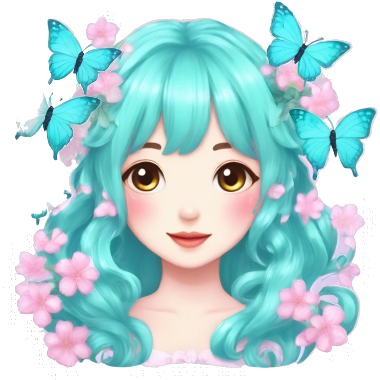 Gorgeous Shiny Pastel cyan Anime-Style Lady Butterflies flower petals leaves cottagecore fairycore pastelcore kawaii aesthetic trending style emoji
