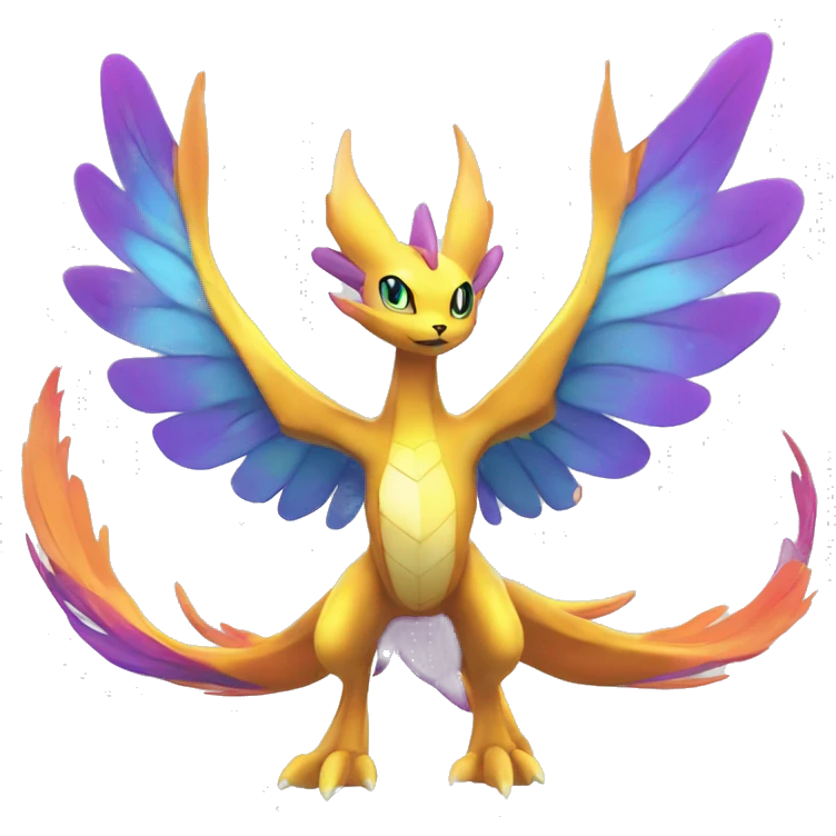 Celestial Colorful Vibrant Colors Flying Futuristic Fakémon-Legendary-Pokémon-Creature Full Body emoji