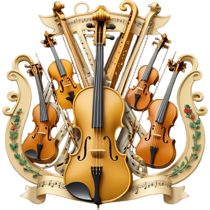 Create a sophisticated, festive, and professional emoji collage resembling a coat of arms, symbolizing string instruments. The design should feature several string instruments, such as a violin, cello, guitar, and harp, arranged in an elegant, balanced composition. Each instrument's neck (fingerboard) should intertwine with flowing musical notes, forming a ribbon-like structure that weaves through the instruments. The strings of the instruments should be emphasized, creating a dynamic and elegant effect. Use rich gold and silver accents to highlight the professional quality of the instruments, with deep wooden tones for the body of each instrument. Surround the instruments with a subtle border, resembling a heraldic crest, and add small decorative elements like laurel leaves or subtle flourishes. The background should be transparent to keep the design clean and polished. emoji