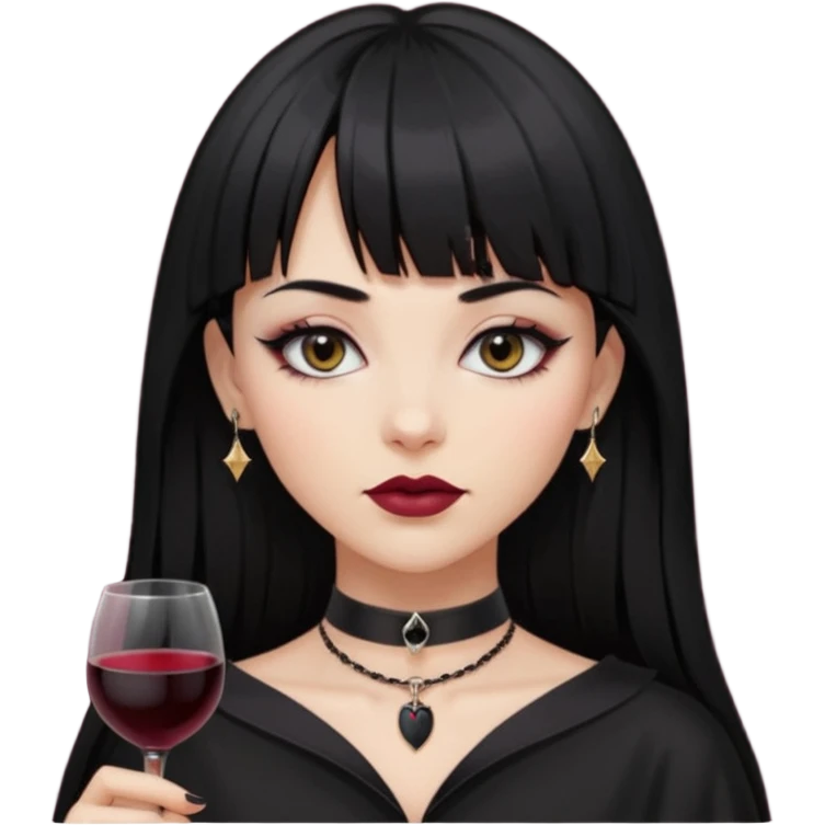 mulher cabelos pretos longos e lisos com uma franja curta acima dos olhos, olhos pretos com delineado, expressão séria, com um sorriso sensual e lábios cor de vinho, ela usa uma gargantilha preta com um pequeno pingente de morcego preto emoji