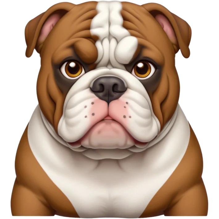 Cinematic Noble Brown and White English Bulldog Portrait Emoji, Poised and regal, with a robust, muscular build and a short, well-groomed coat of rich brown and white, deep-set soulful brown eyes, Simplified yet sharp and sophisticated features, highly detailed, glowing with a soft, dignified glow, high shine, intelligent and steadfast, stylized with an air of authority, focused and attentive, soft glowing outline, capturing the essence of a watchful and confident guardian, so majestic it feels as though it could lumber out of the screen with effortless authority! emoji