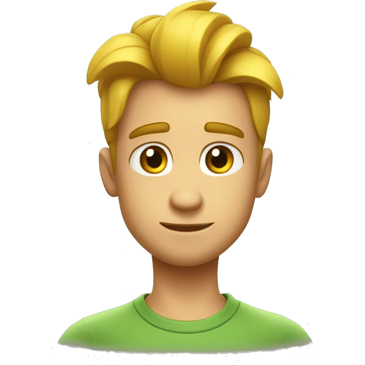 imágen al estilo de Disney Pixar de un chico rubio con los ojos verdes oscuros el pelo liso y pelo amarillo con camiseta de manga corta emoji