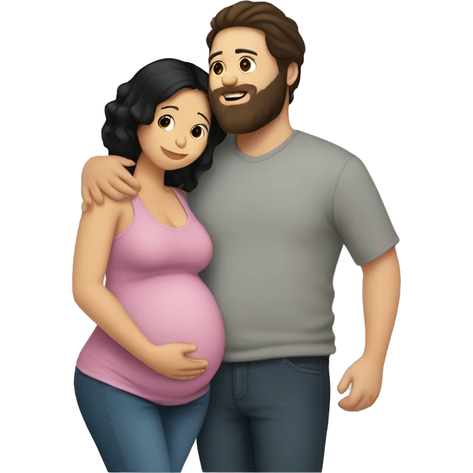 Pregnant Woman with black hair hugging boyfriend with Brown Hair and beard emoji
