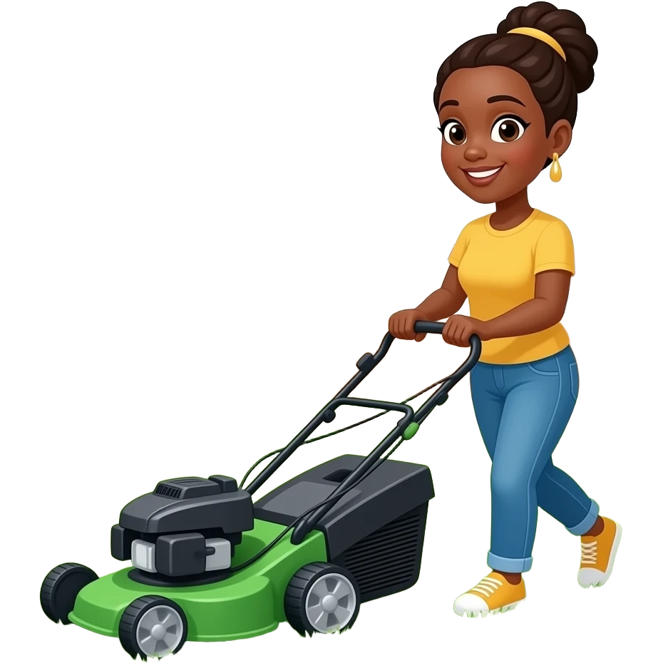 A black women cutting grass  with a lawnmower emoji