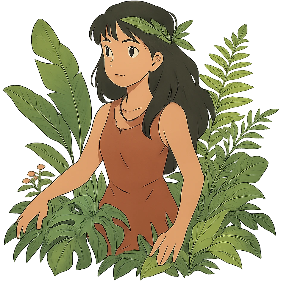 ghibli style jungle girl with lush foliage, no background emoji