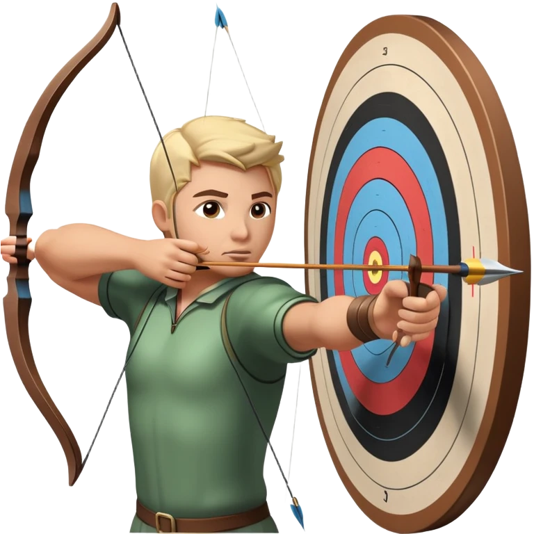 An archer drawing a bow and aiming an arrow at a target, with perfect focus and precision. The target is visible in the background, featuring concentric rings. The scene captures the concentration and skill involved in archery, emphasizing the elegance and accuracy of the sport. emoji