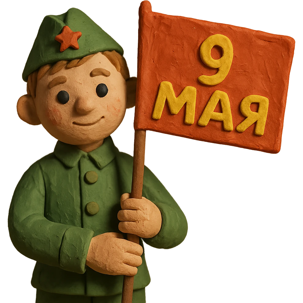 military boy in Soviet green uniform holding a red flag with "9 мая" emoji