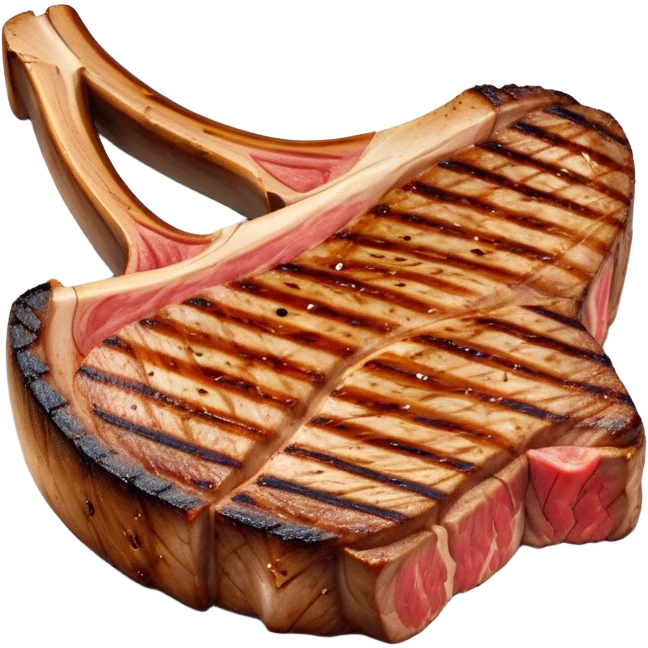 Cinematic thick-cut t-bone steak, perfectly seared with grill marks, a grilled center, rich and savory, warm glow, sizzling and mouthwatering, highly detailed and appetizing. emoji