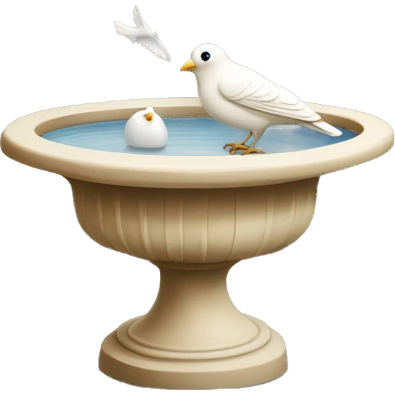 Vintage beige bird bath with a small white bird in courtyard  emoji