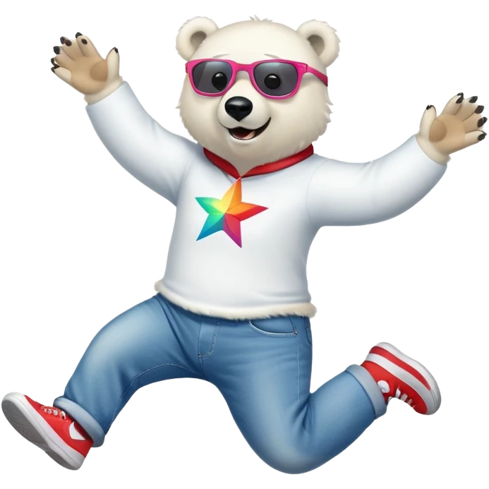 friendly anthropomorphised polar bear leaping with excitement, wearing a shirt, jeans, trainers, oversized colorful star glasses emoji