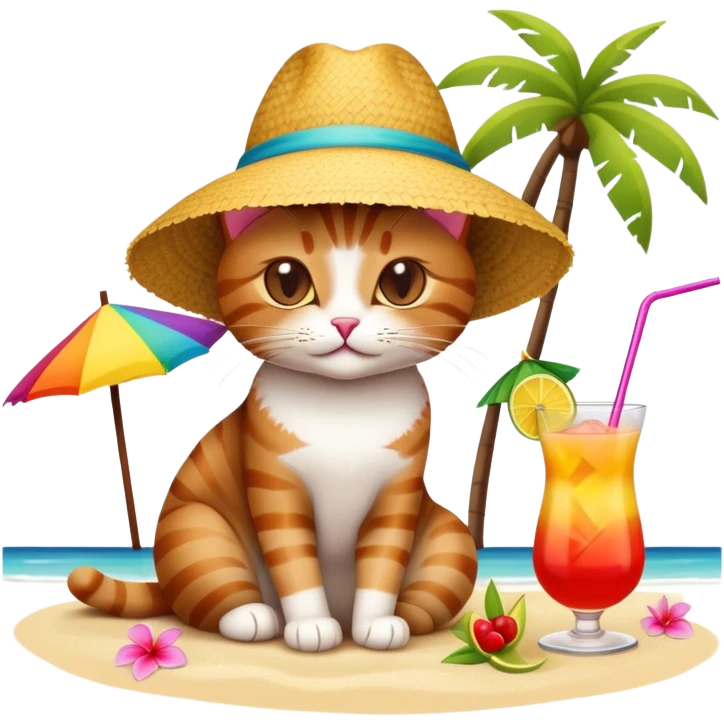 Cat with sunhat relaxing on beach with colorful mai tai cocktail emoji