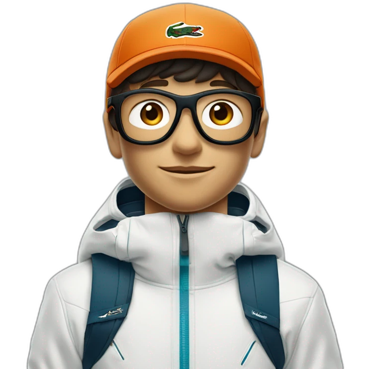 Un garçon blanc qui porte das lunettes de ski, il a les cheveux noirs, un survetement de lacoste et une casquette nike emoji