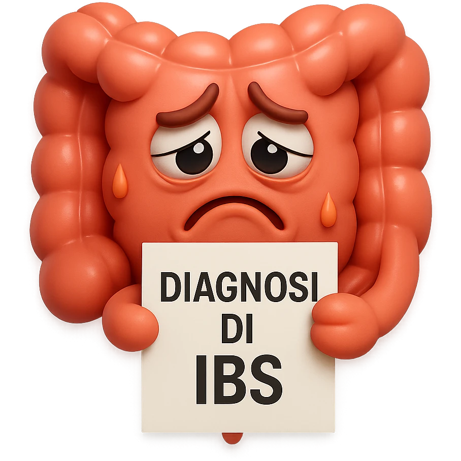 emoji stile iphone 3d di un intestino triste con espressione dolorante e un foglio in mano con la scritta "DIAGNOSI DI IBS", ESPRESSIONE TRISTE E DOLORANTE IN VOLTO, MOSTRA ANCHE LA PARTE BIANCA DEGLI OCCHI, NON SOLO LA PUPILLA emoji
