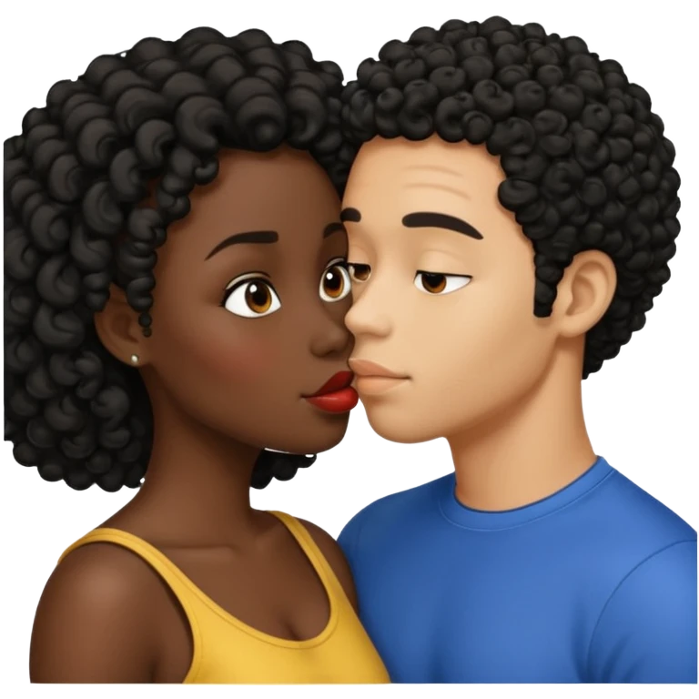 A dark skin woman with a light skin man who has black short curly hair kissing  emoji