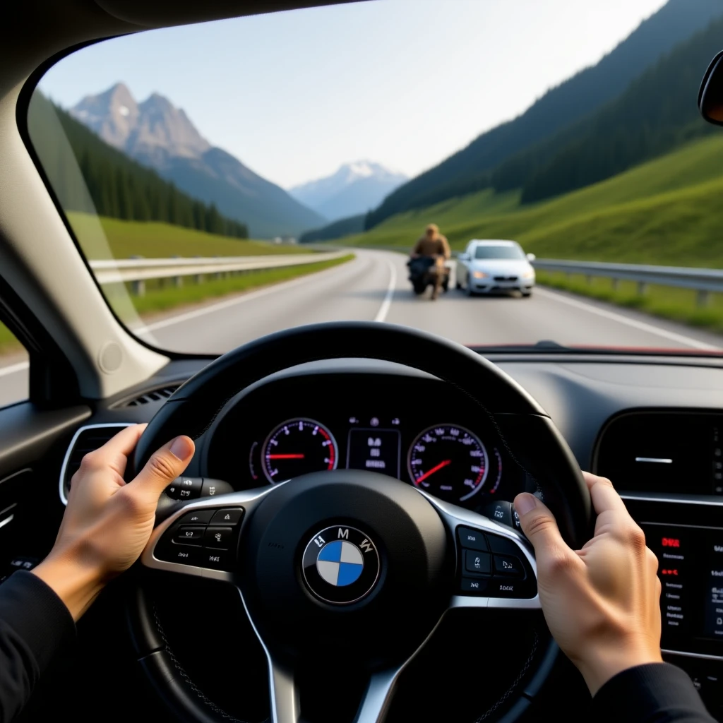 Realistic camshot pov of monkeu car (hands holding car wheel) switzerland road with car crash emoji