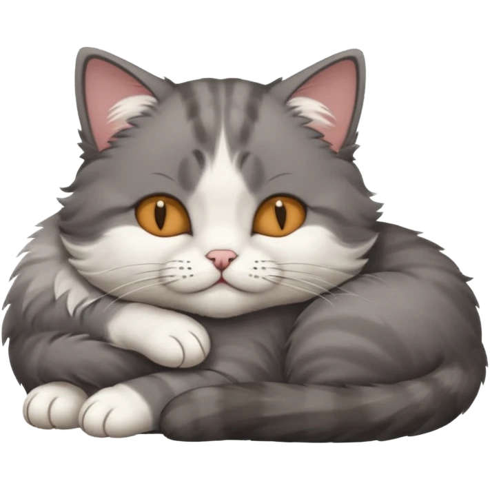 dark grey and white small cat with his eyes closed leaning his head on his paw while lying down emoji