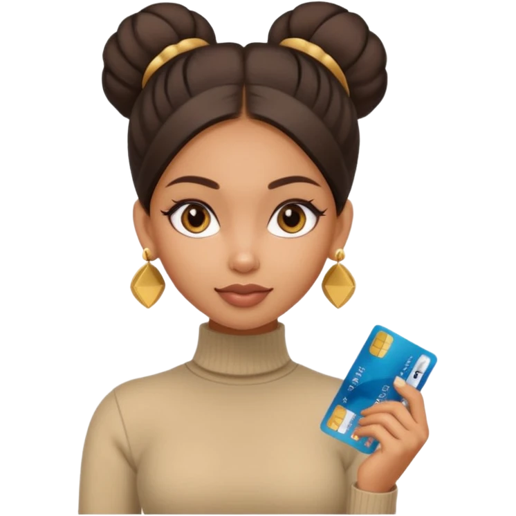 a pretty bratz fair indian girl wearing a beige turtleneck, golden earrings, bun, holding bank cards emoji