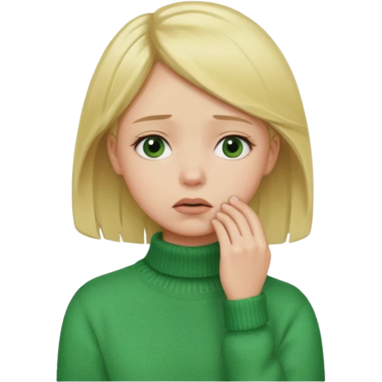blonde girl in green jumper with hand on throat, sad emoji