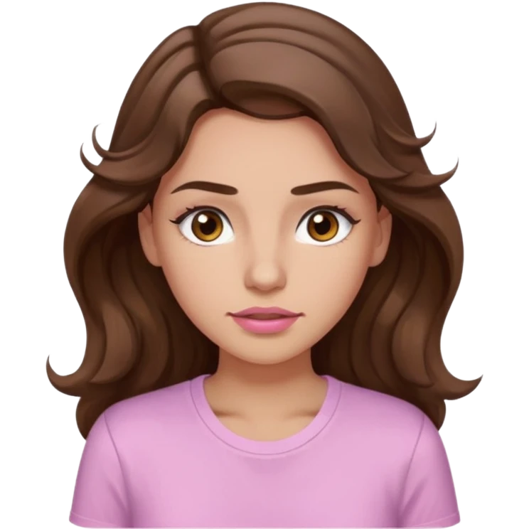 girl with wavy long brown hair, brown eyes, light to medium complexion, long lashes, light pink lipstick, wearing light pink shirt, sweating on the forehead emoji