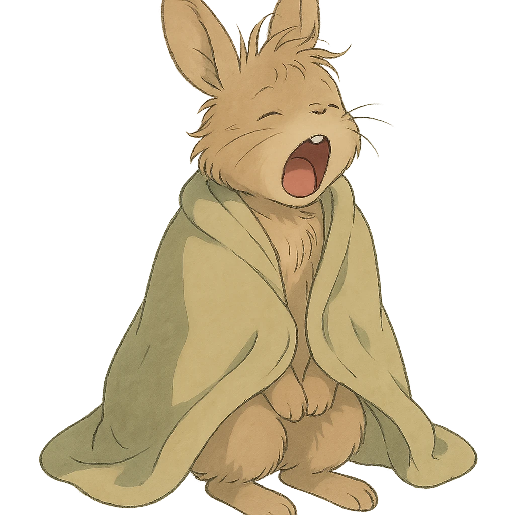 full-body pale brown bunny yawning with messy hair, blanket over shoulders, soft Ghibli style emoji