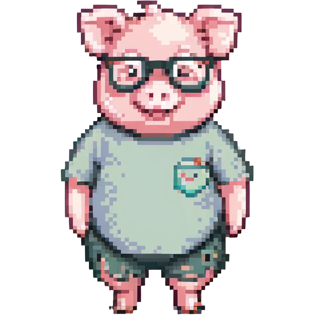 chubby baby pig with round glasses, pastel t-shirt and shorts, standing and smiling, pixel art, 32x32, cheerful and cute emoji
