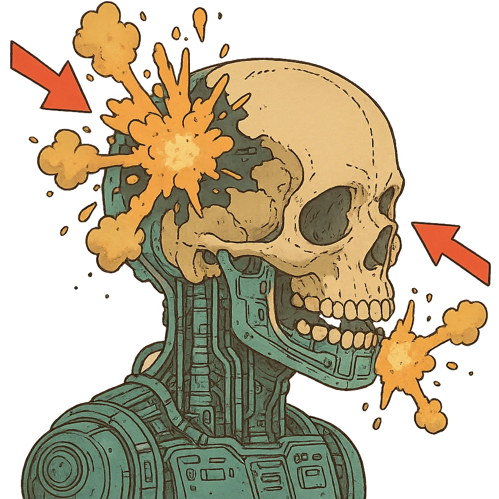 a skull exploding, diagram, front and back impact points, cyberpunk futuristic emoji