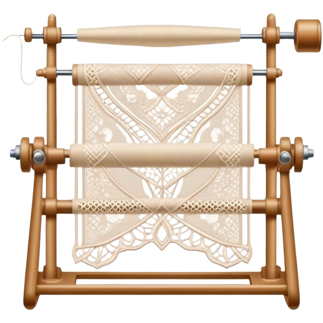 Lace making icon, lace patterns in progress, shuttle, thread, bobbins, intricate details, minimalistic style, clean lines, transparent background. emoji