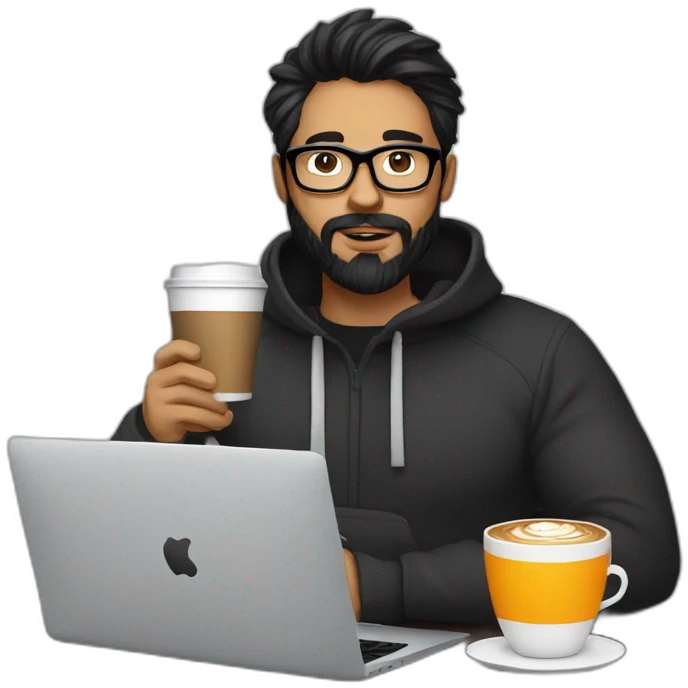 Designer with black hair, beard and glasses working with MacBook and drinking cappuccino  emoji