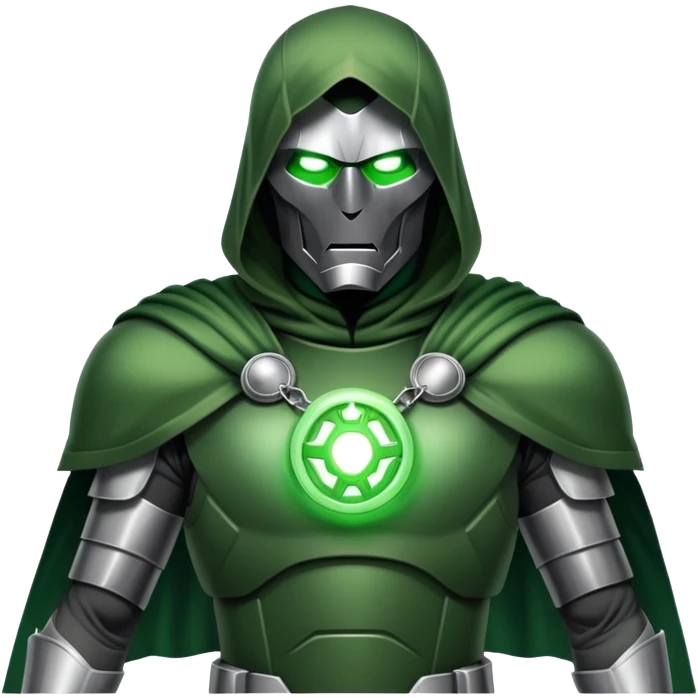 Doctor Doom in full body stance with intense glowing green eyes shining through mask emoji