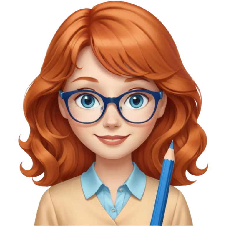 redheaded woman with very long wavy hair and bangs, blue eyes, clear cat-eye glasses, apricot silk blouse, pencil skirt, holding a pencil, smiling emoji