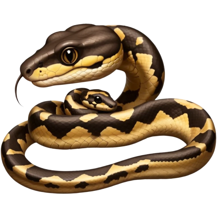 A photo-realistic digital illustration of a Ball Python, large headshot portrait. The snake has a short, rounded snout, smooth contours, and a calm, curious expression. Its head is warm brown with bold, irregular dark markings, including the signature “alien-head” pattern.  emoji